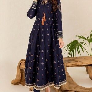 Zanzea Navy Long Sleeve Dress with Embroidery